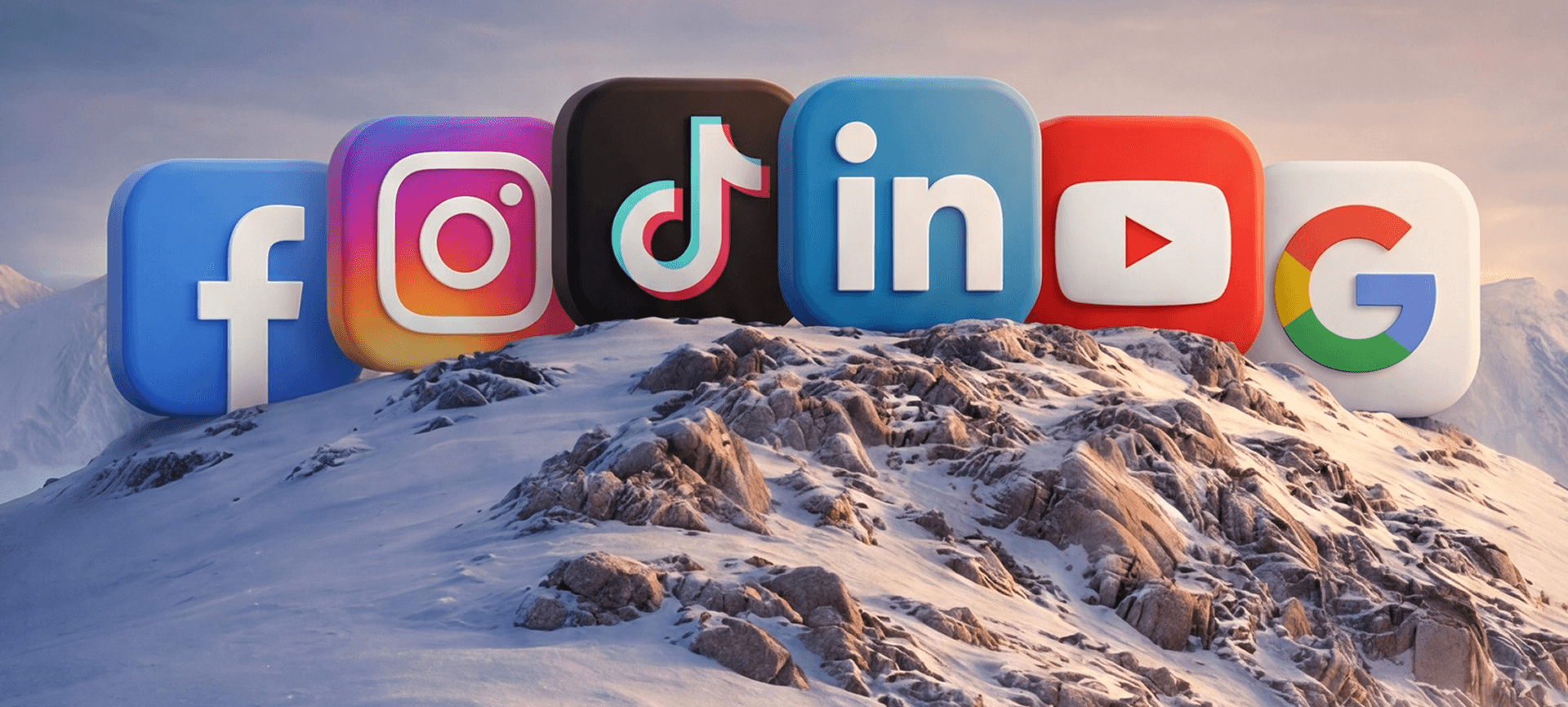 Facebook, Instagram, TikTok, LinkedIn, YouTube, and Google platform icons on a mountain summit